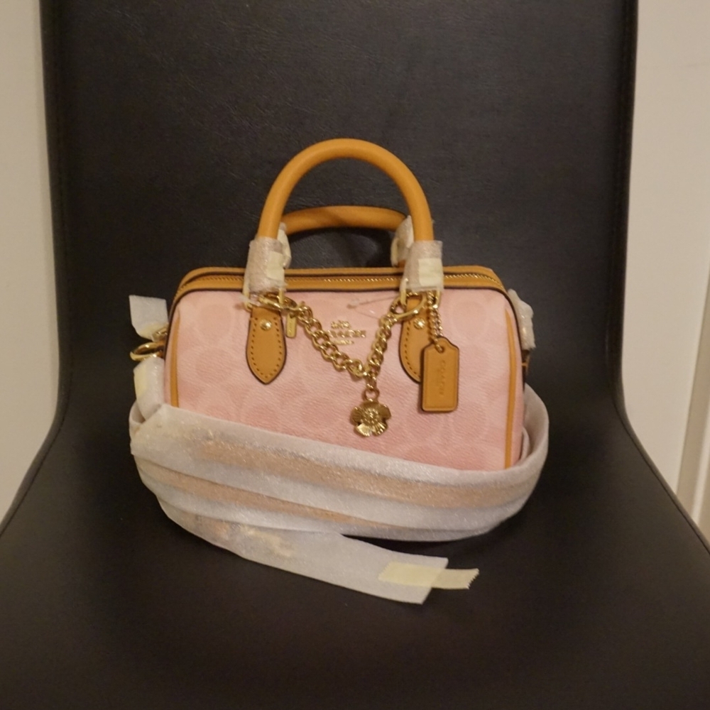 NEW! Coach Mini Rowan Crossbody Bag in Signature Canvas Gold/Powder Pink